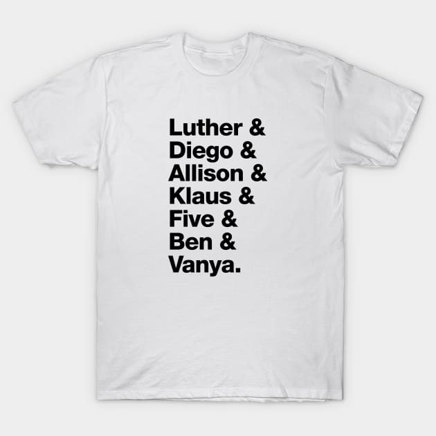 The Umbrella Academy Character Names - Black T-Shirt by viking_elf